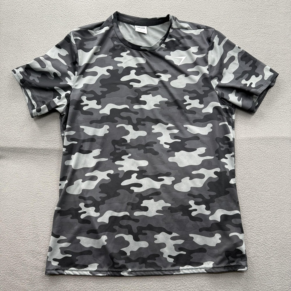 Gymshark Shirt Mens Large Gray Camo Short Sleeve‎ Training Tee Performance